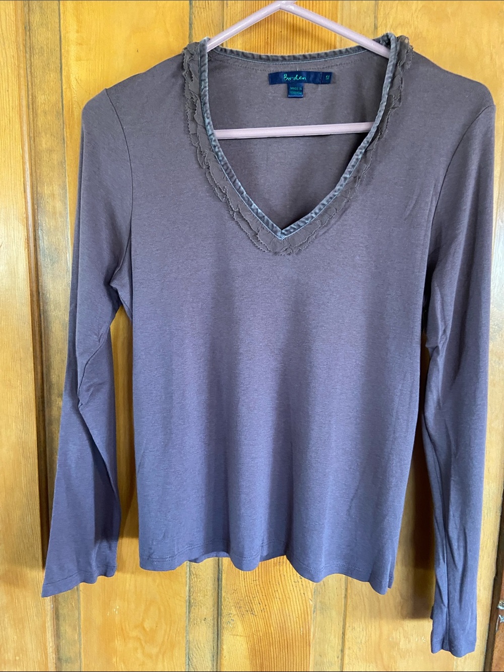 Boden Long Sleeve V-Neck Top in Brown